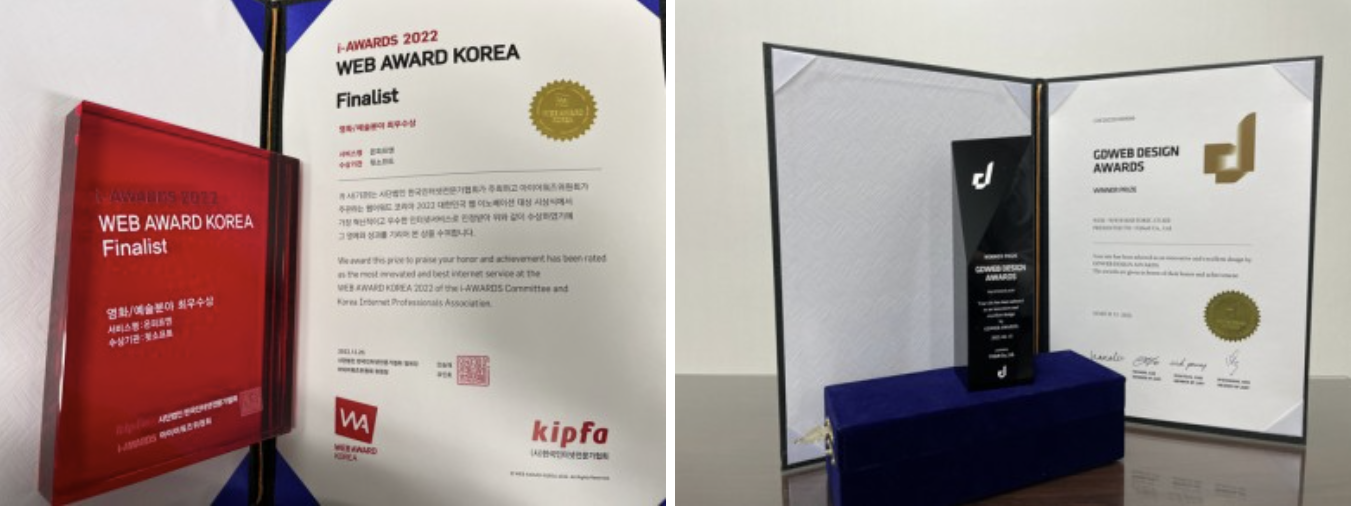 웹어워드코리아 최우수상 상패와 인증서